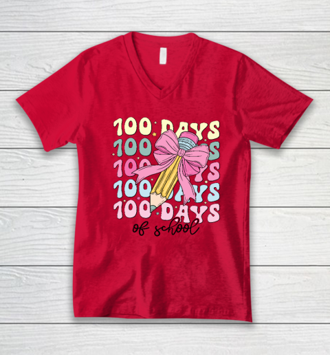 100 Days of School Girls Coquette Bow 100th Day of School V-Neck T-Shirt 3