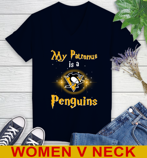 NHL Hockey Harry Potter My Patronus Is A Pittsburgh Penguins Women's V-Neck T-Shirt 2