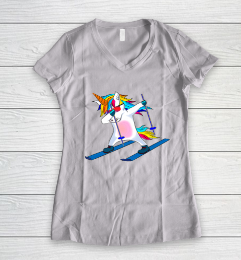 Skiing Unicorn Dabbing Funny Gift Women's V-Neck T-Shirt 2
