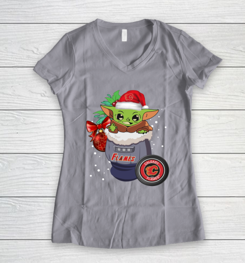 Calgary Flames Christmas Baby Yoda Star Wars Funny Happy NHL Women's V-Neck T-Shirt 4