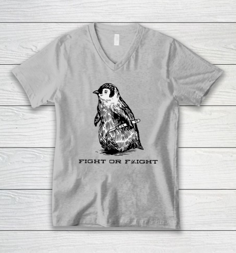 Fight Or Flight Funny Penguin Pun V-Neck T-Shirt - Image 3