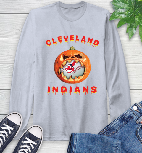 MLB Cleveland Indians Halloween Pumpkin Baseball Sports Long Sleeve T-Shirt 6