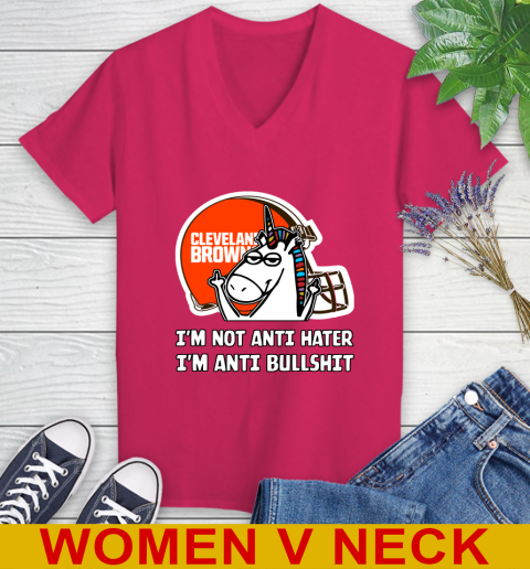 Cleveland Browns NFL Football Unicorn I'm Not Anti Hater I'm Anti Bullshit Women's V-Neck T-Shirt 10