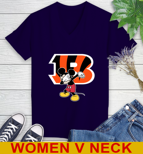 Cincinnati Bengals NFL Football Dabbing Mickey Disney Sports Women's V-Neck T-Shirt 4