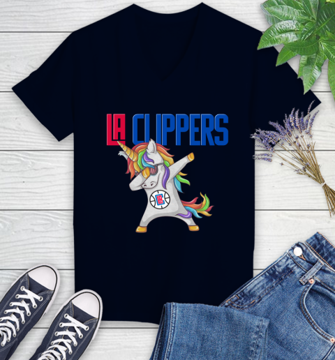 LA Clippers NBA Basketball Funny Unicorn Dabbing Sports Women's V-Neck T-Shirt 3