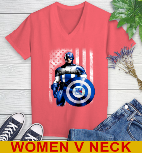 New York Rangers NHL Hockey Captain America Marvel Avengers American Flag Shirt Women's V-Neck T-Shirt 6