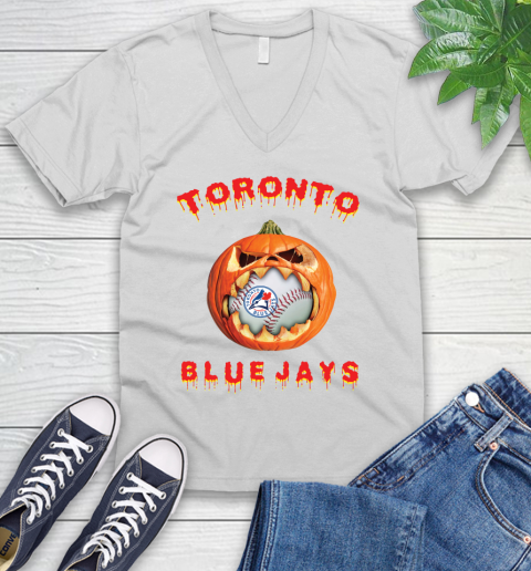 MLB Toronto Blue Jays Halloween Pumpkin Baseball Sports V-Neck T-Shirt