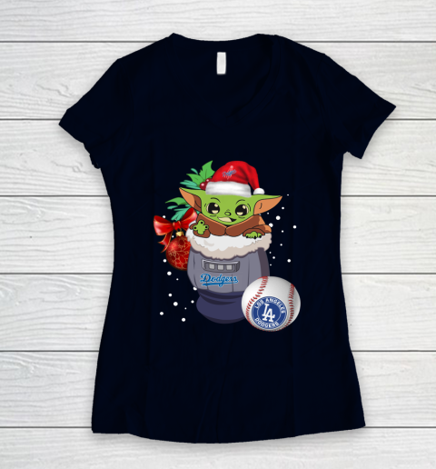 Los Angeles Dodgers Christmas Baby Yoda Star Wars Funny Happy MLB Women's V-Neck T-Shirt 3