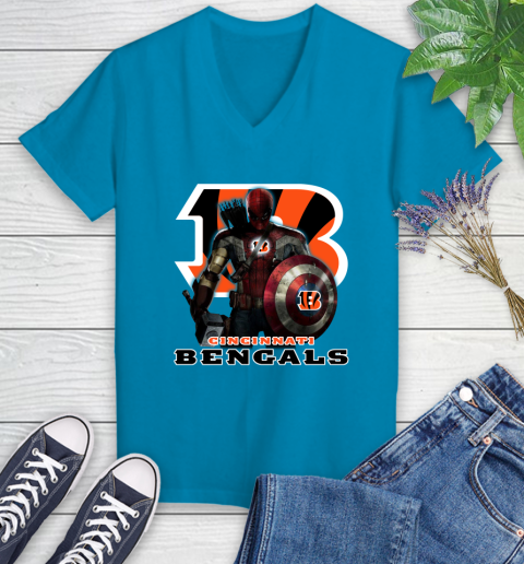 NFL Captain America Thor Spider Man Hawkeye Avengers Endgame Football Cincinnati Bengals Women's V-Neck T-Shirt 7