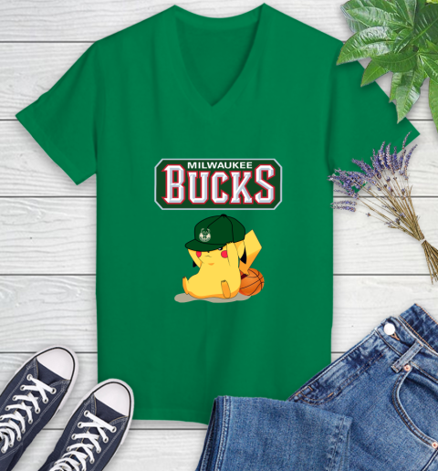 NBA Pikachu Basketball Sports Milwaukee Bucks Women's V-Neck T-Shirt 5