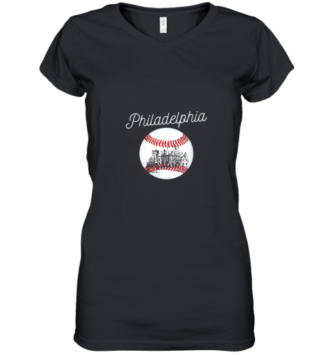 Philadelphia Baseball Philly Tshirt Ball and Skyline Design Women's V-Neck T-Shirt