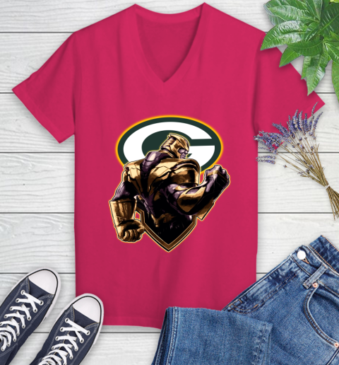 NFL Thanos Avengers Endgame Football Sports Green Bay Packers Women's V-Neck T-Shirt 9