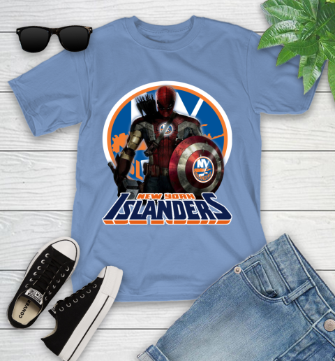 NHL Captain America Thor Spider Man Hawkeye Avengers Endgame Hockey New York Islanders Youth T-Shirt 11