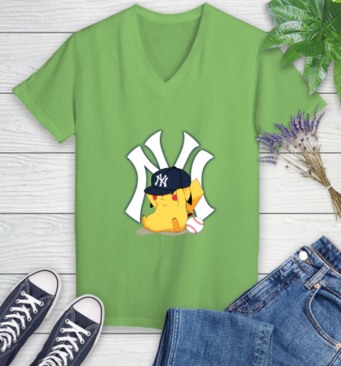 MLB Pikachu Baseball Sports New York Yankees Women's V-Neck T-Shirt 11