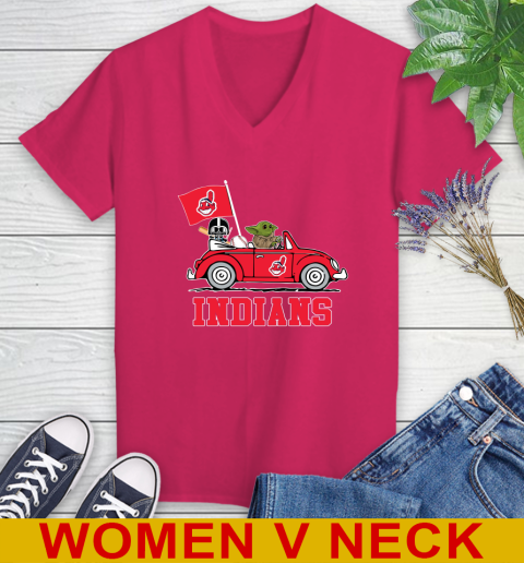 MLB Baseball Cleveland Indians Darth Vader Baby Yoda Driving Star Wars Shirt Women's V-Neck T-Shirt 10