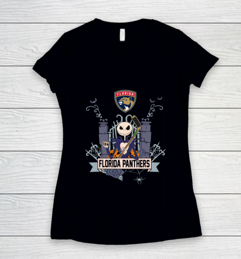 NHL Florida Panthers Hockey Jack Skellington Halloween Women's V-Neck T-Shirt