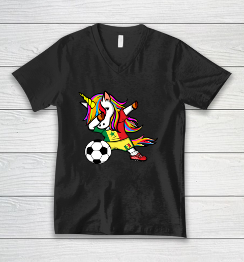 Dabbing Unicorn Senegal Football Senegalese Flag Soccer V-Neck T-Shirt