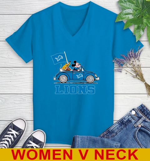NFL Football Detroit Lions Pluto Mickey Driving Disney Shirt Women's V-Neck T-Shirt 8