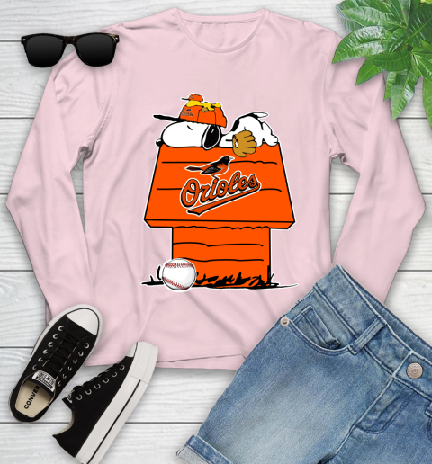 MLB Baltimore Orioles Snoopy Woodstock The Peanuts Movie Baseball T Shirt Youth Long Sleeve 10