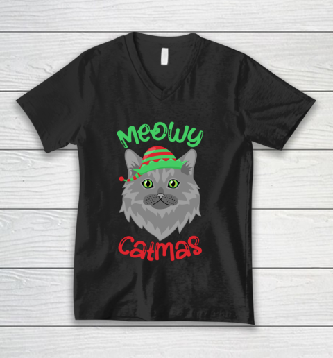 Meowy Catmas Ugly Christmas Elf Cat Christmas Pajama Gift V-Neck T-Shirt