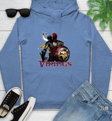 NFL Captain America Thor Spider Man Hawkeye Avengers Endgame Football Minnesota Vikings Youth Hoodie 12