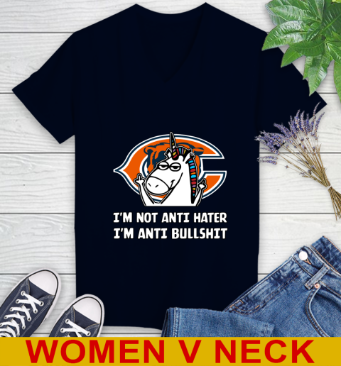 Chicago Bears NFL Football Unicorn I'm Not Anti Hater I'm Anti Bullshit Women's V-Neck T-Shirt 3