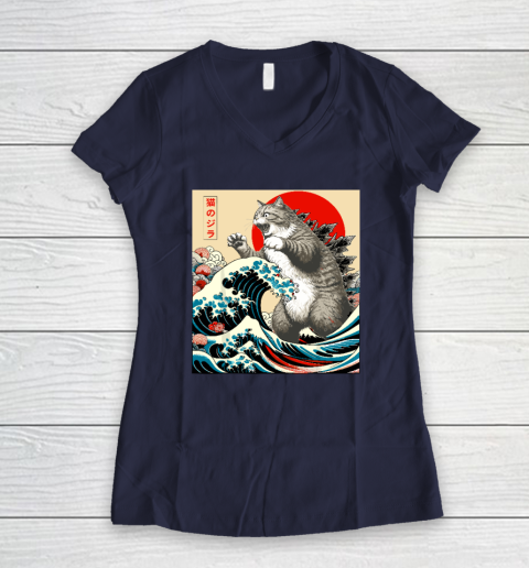 Catzilla Cat Japanese Art Funny Cat Women's V-Neck T-Shirt 7