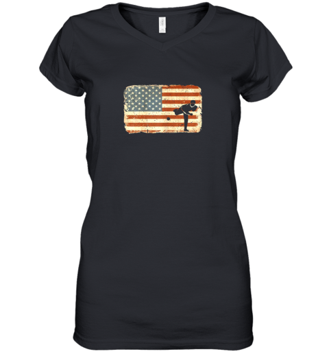 Vintage Baseball Pitcher Shirt American Flag Women's V-Neck T-Shirt