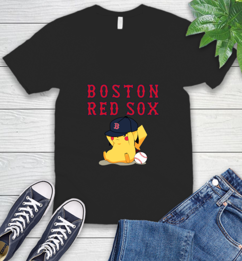 MLB Pikachu Baseball Sports Boston Red Sox V-Neck T-Shirt 2