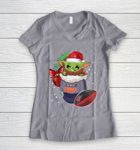 Cleveland Browns Christmas Baby Yoda Star Wars Funny Happy NFL Women's V-Neck T-Shirt 4