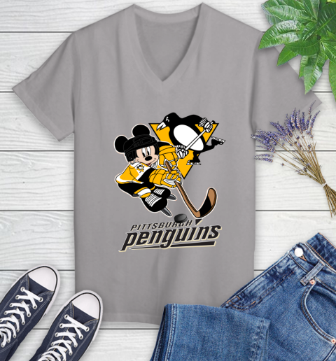 NHL Pittsburgh Penguins Mickey Mouse Disney Hockey T Shirt Women's V-Neck T-Shirt 4