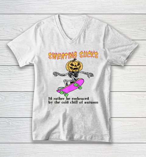 Sweating Sucks Skeleton Pumpkin Head Halloween (2) V-Neck T-Shirt