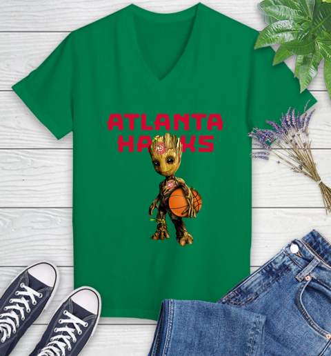 Atlanta Hawks NBA Basketball Groot Marvel Guardians Of The Galaxy Women's V-Neck T-Shirt 5