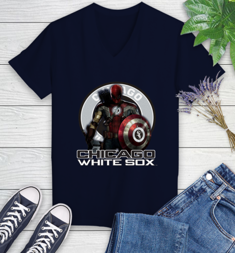 MLB Captain America Thor Spider Man Hawkeye Avengers Endgame Baseball Chicago White Sox Women's V-Neck T-Shirt 3