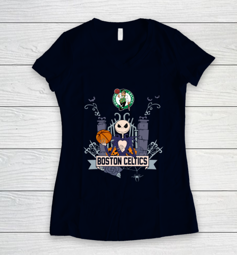 NBA Boston Celtics Basketball Jack Skellington Halloween Women's V-Neck T-Shirt 2