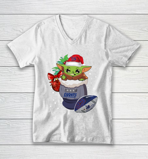 New York Giants Christmas Baby Yoda Star Wars Funny Happy NFL V-Neck T-Shirt 2
