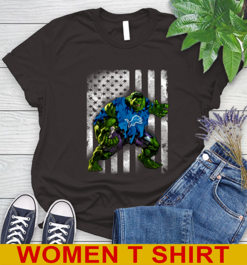 Detroit Lions Hulk Marvel Avengers NFL Football American Flag Women's T-Shirt 9