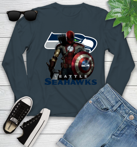 NFL Captain America Thor Spider Man Hawkeye Avengers Endgame Football Seattle Seahawks Youth Long Sleeve 8