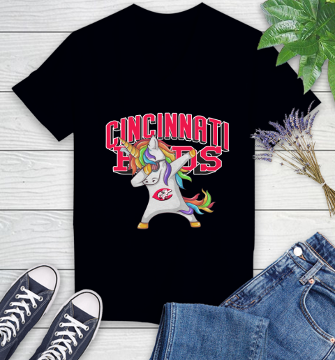 Cincinnati Reds MLB Baseball Funny Unicorn Dabbing Sports Women's V-Neck T-Shirt 2