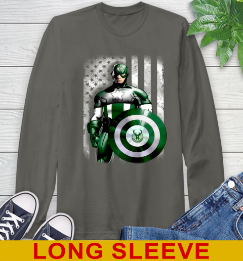Milwaukee Bucks NBA Basketball Captain America Marvel Avengers American Flag Shirt Long Sleeve T-Shirt 10