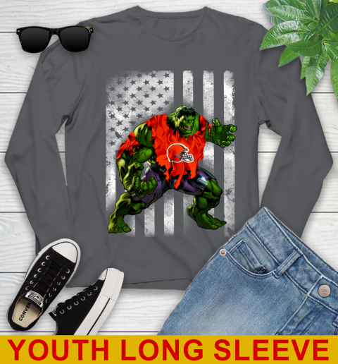 Cleveland Browns Hulk Marvel Avengers NFL Football American Flag Youth Long Sleeve 9