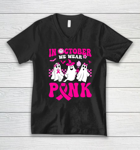 In October We Wear Pink Ghosts And Groovy Breast Cancer V-Neck T-Shirt