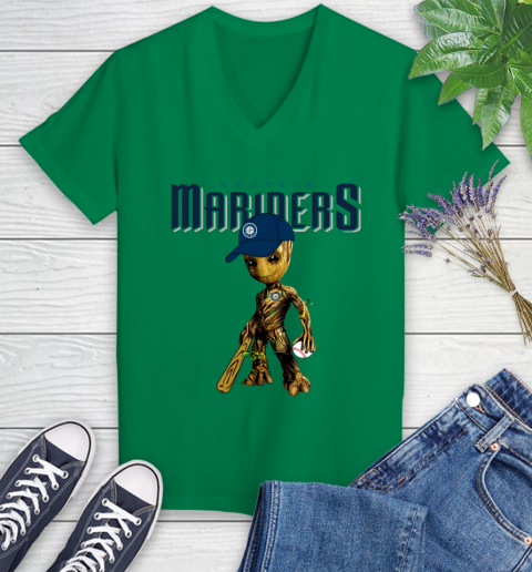 MLB Seattle Mariners Groot Guardians Of The Galaxy Baseball Women's V-Neck T-Shirt 5
