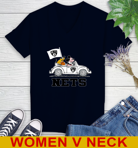 NBA Basketball Brooklyn Nets Pluto Mickey Driving Disney Shirt Women's V-Neck T-Shirt 3