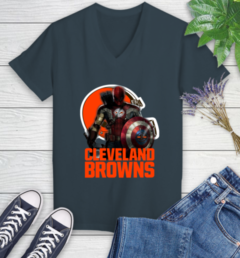 NFL Captain America Thor Spider Man Hawkeye Avengers Endgame Football Cleveland Browns Women's V-Neck T-Shirt 8