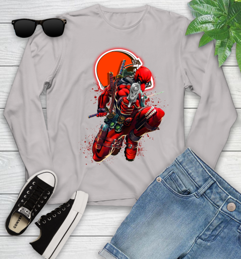 NFL Deadpool Marvel Comics Sports Football Cleveland Browns Youth Long Sleeve 12