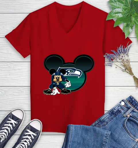 NFL Seattle Seahawks Mickey Mouse Disney Football T Shirt Women's V-Neck T-Shirt 12