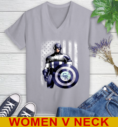 Colorado Rockies MLB Baseball Captain America Marvel Avengers American Flag Shirt Women's V-Neck T-Shirt 4