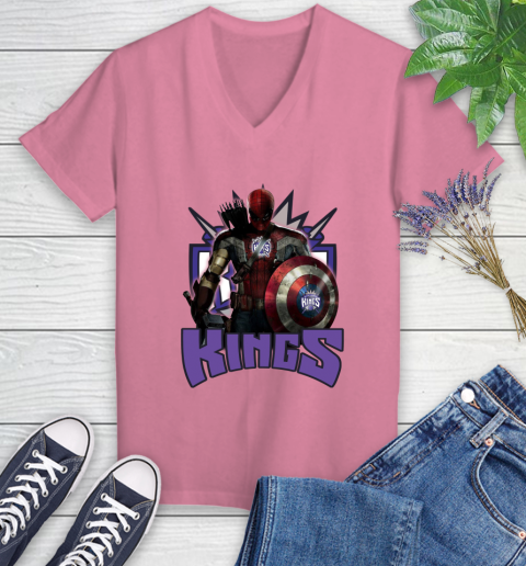 Sacramento Kings NBA Basketball Captain America Thor Spider Man Hawkeye Avengers Women's V-Neck T-Shirt 13