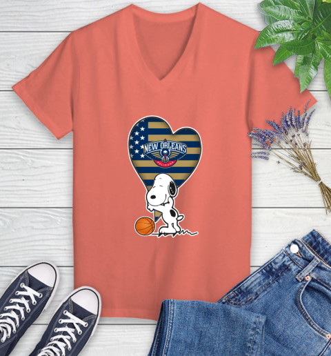 New Orleans Pelicans NBA Basketball The Peanuts Movie Adorable Snoopy Women's V-Neck T-Shirt 6